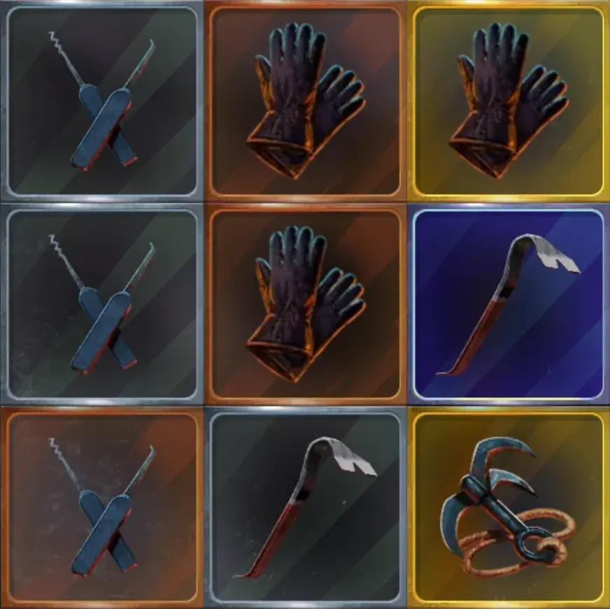 A nine-position block of In and Out symbols — lock picks, gloves, a crowbar, a grappling hook — each framed in one of the bronze, silver, gold and diamond tier colours.